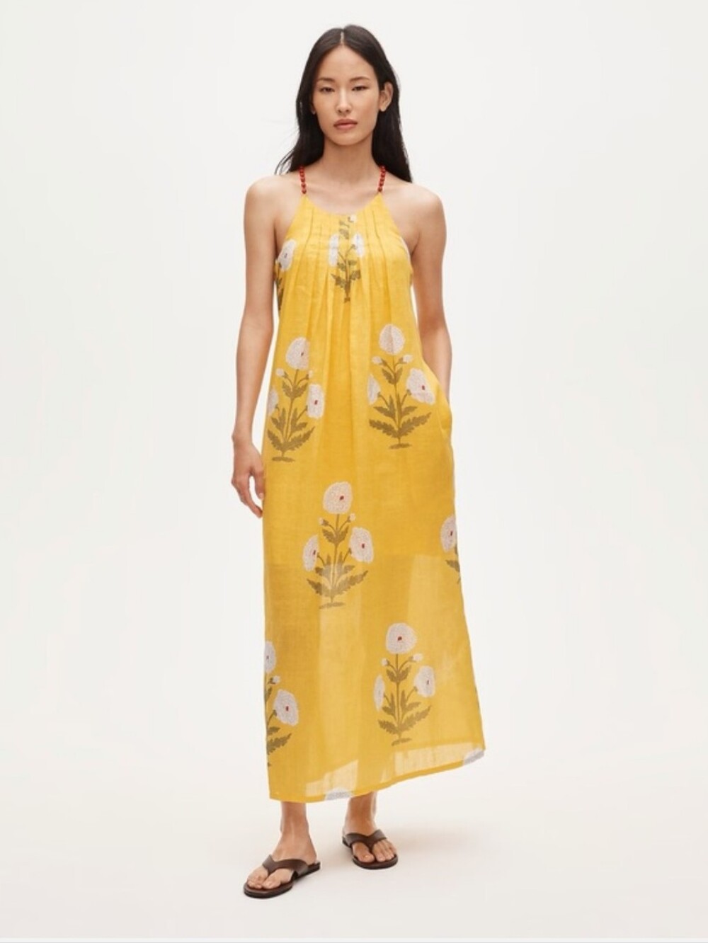 J Crew Petite beaded-strap dress in marigold block-print ramie CW652 Size S